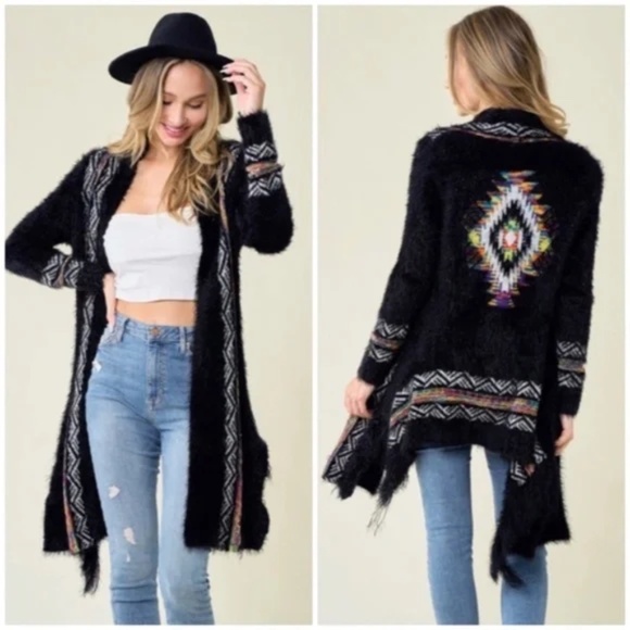 Black Fuzzy Eyelash Fringe Rainbow South West Aztec Pattern Open Knit Cardigan - Picture 1 of 5